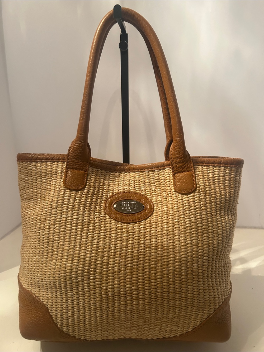 Furla Natural Straw Tote with Brown Leather Trim